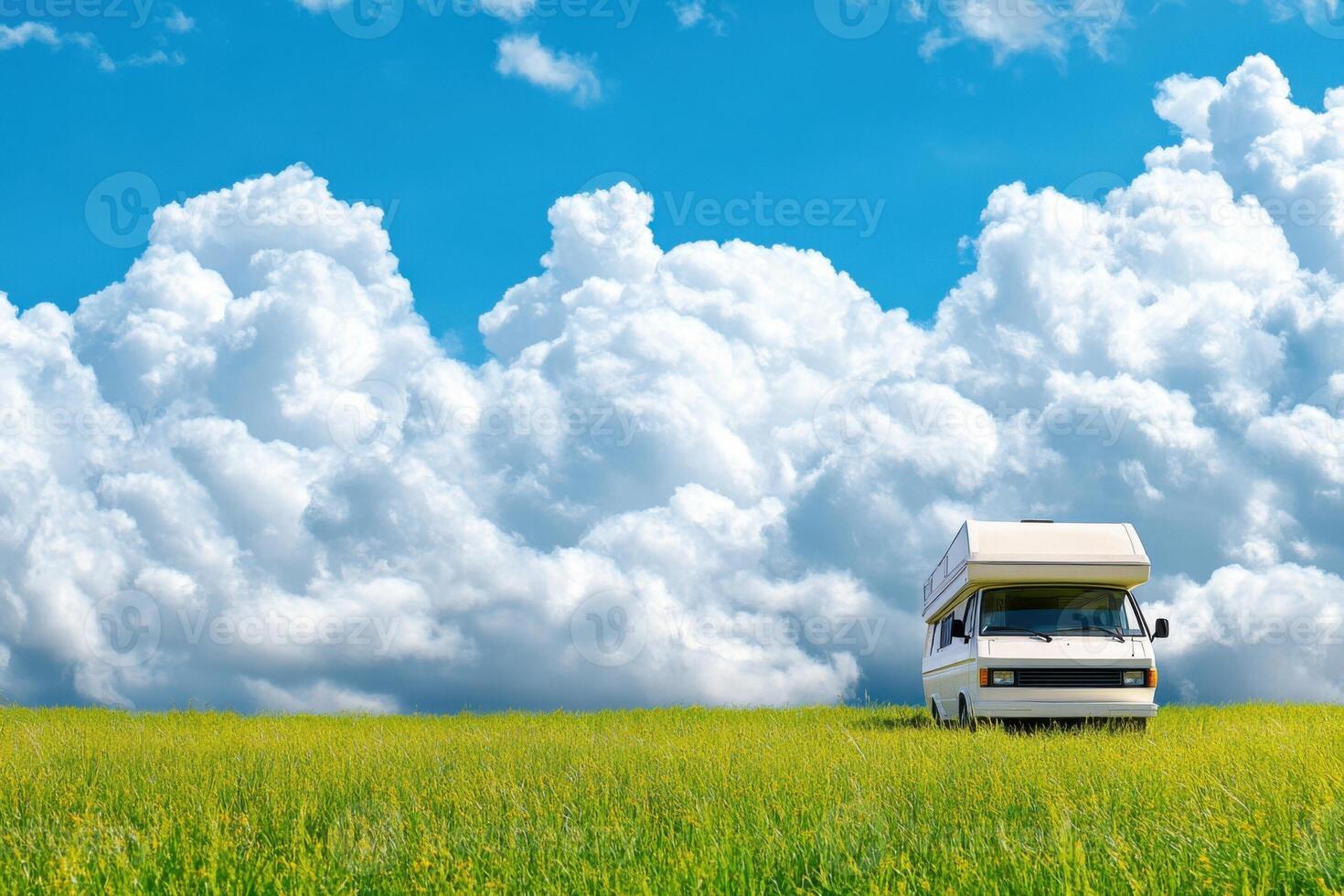 Vintage camper van parked in a tranquil meadow under a clear sky with fluffy clouds photo