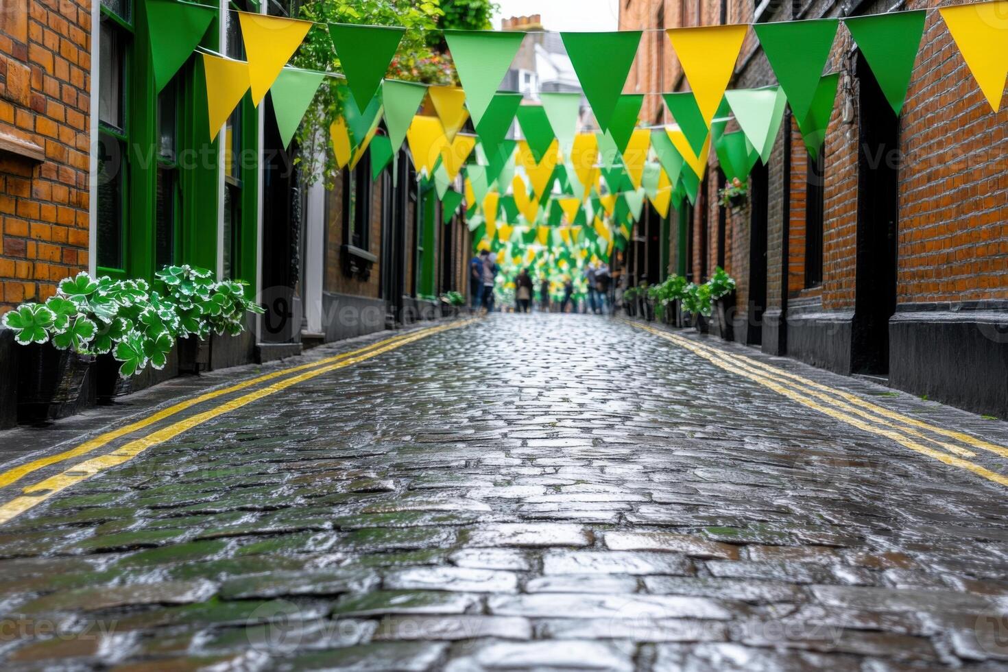 Cobblestone street adorned with green and gold bunting as crowds celebrate St Patricks Day in an Irish pub district photo