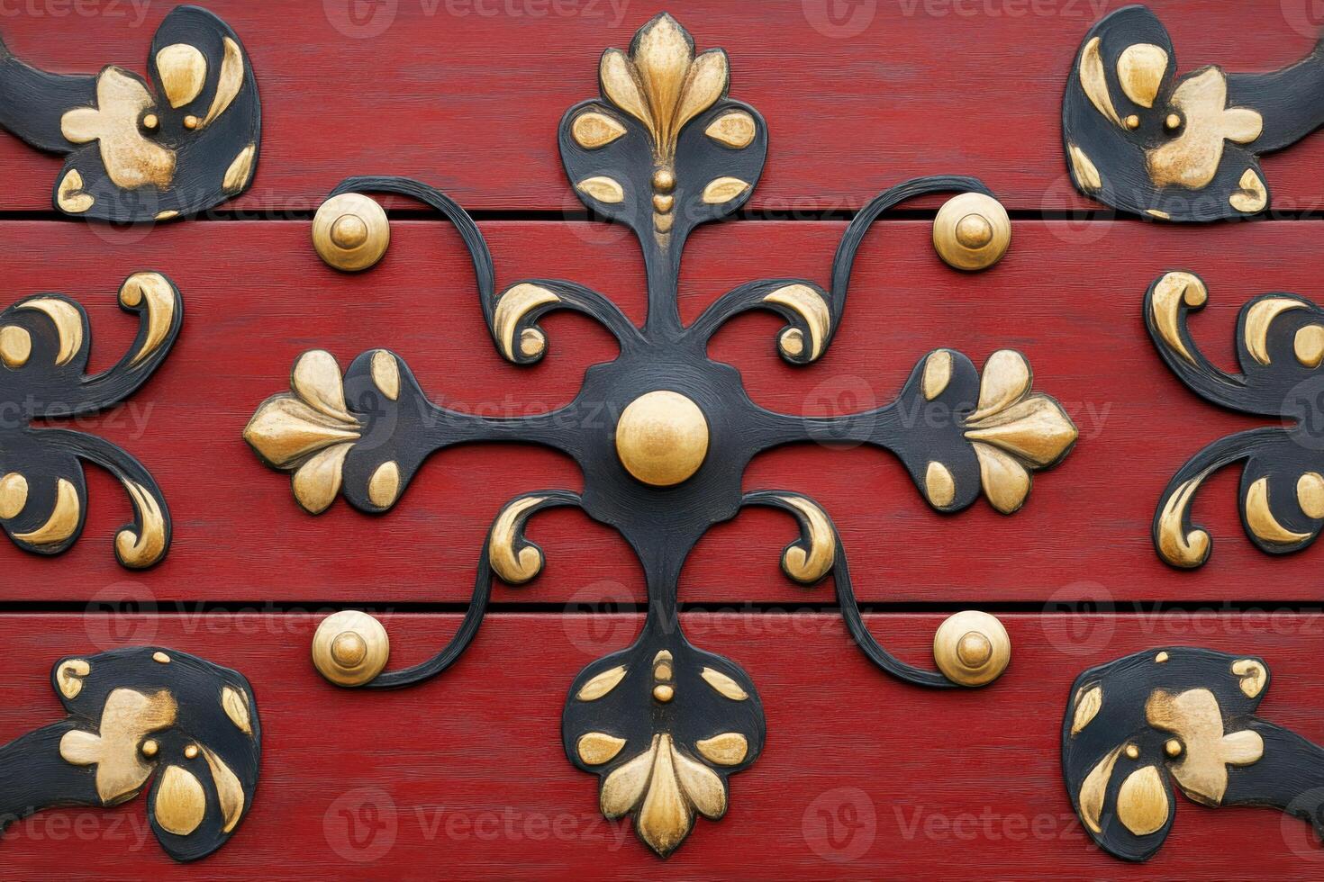 Dark red metallic chest with olive accents and bronze details showcasing intricate floral designs and textures photo