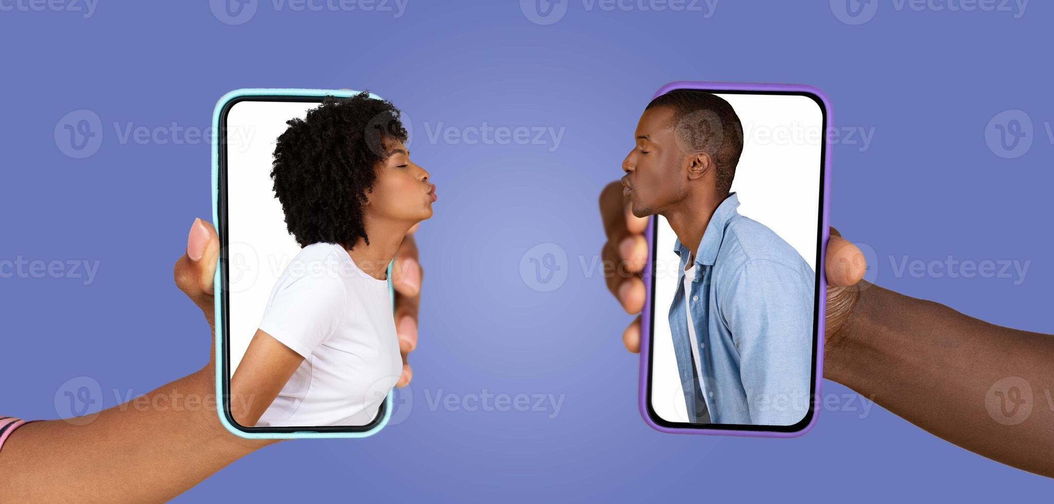 A couple showcases their affection by chatting on their smartphones. They connect through technology, sharing moments of love and togetherness from different locations in their everyday lives. photo