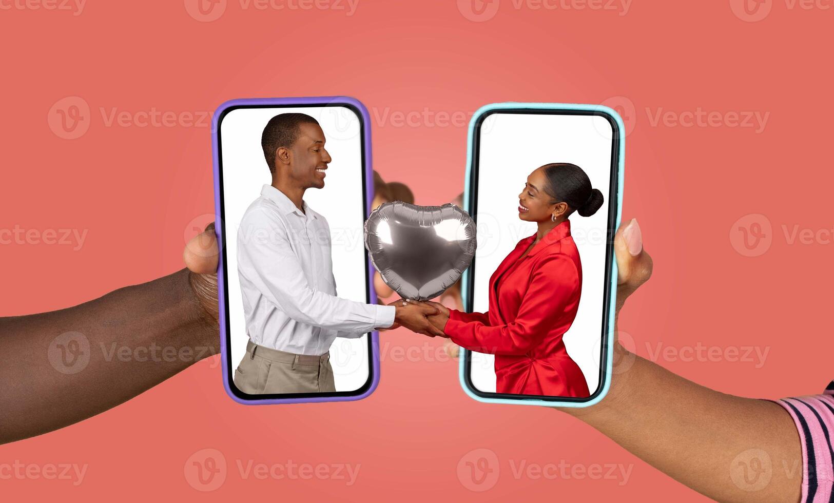 A couple connects through their smartphones, engaging in a heartfelt chat. Their hands hold the phones, exchanging love messages, symbolizing modern romance in a vibrant setting. photo