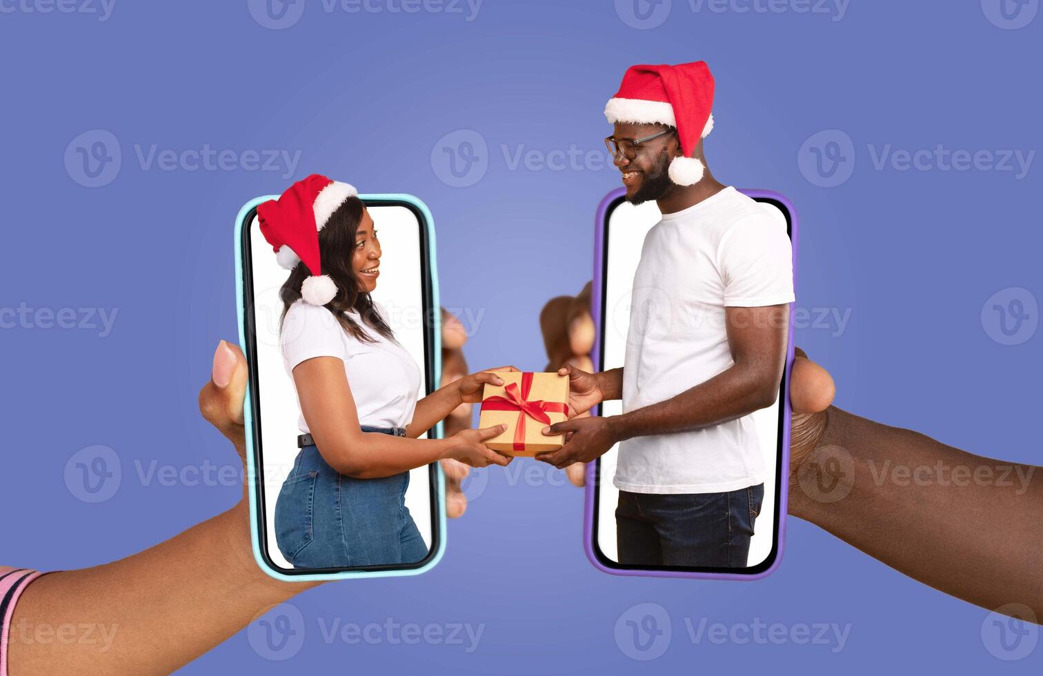 A married African American couple exchanges a thoughtful gift while using their smartphones, showcasing affection and connection despite being apart. The festive atmosphere highlights their bond. photo