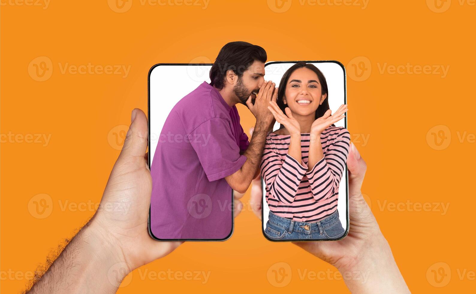 A couple is engaged in a lively chat through their smartphones, showcasing the connection technology brings to relationships despite physical distance. Their expressions reflect love and affection. photo
