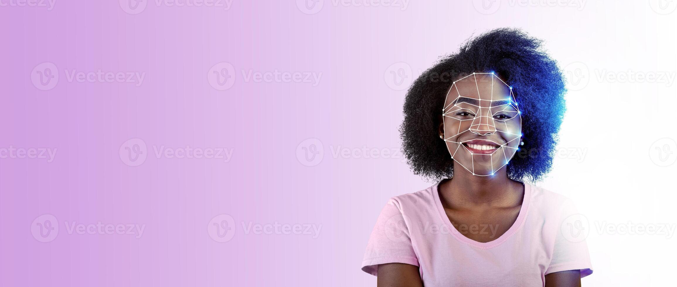 A smiling individual with unique features is depicted with a facial recognition overlay. The background is colored with a gradient, highlighting the advanced technology used for identification. photo