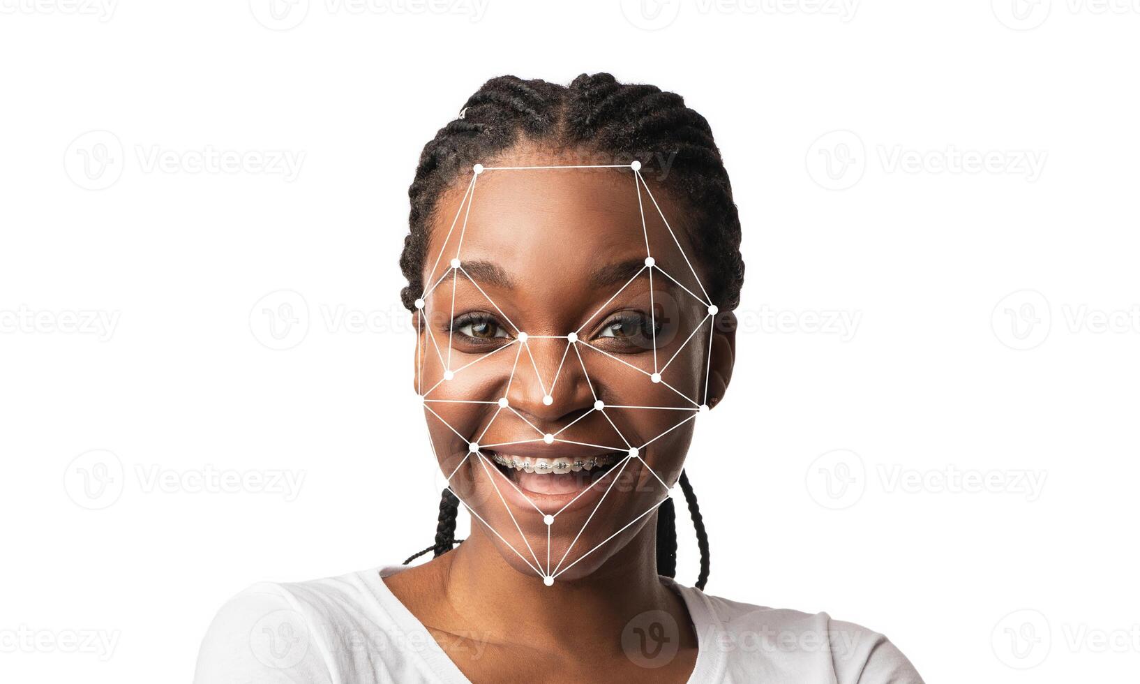 A person with braided hair smiles confidently while technology overlays a facial recognition grid on their face. This illustrates advancements in identification and facial data analysis. photo