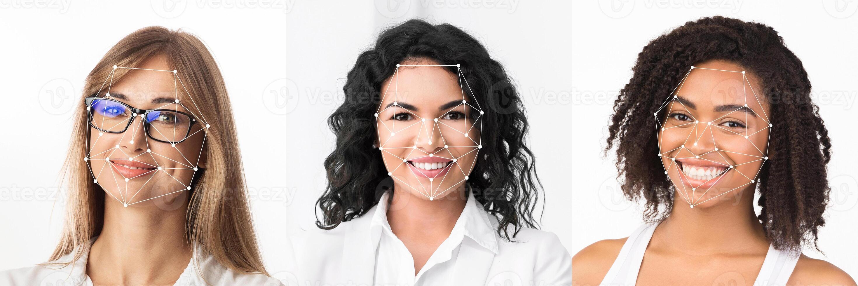 A collection of diverse individuals with highlighted facial points demonstrates facial identification technology. The subjects smile, showcasing their unique features in a neutral setting. photo