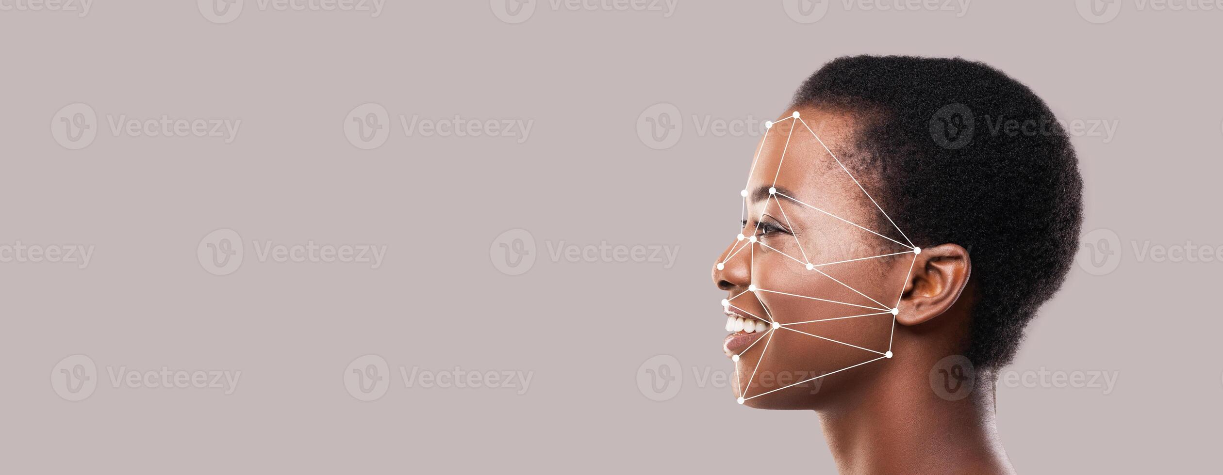 A woman's profile is depicted with facial recognition technology showing connected points. The setting is minimalistic with a neutral background. This illustrates advanced identification methods. photo