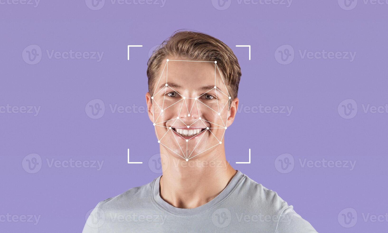 A young person with brown hair smiles widely as facial recognition technology analyzes their features. The background is a solid purple with ample empty space for design. photo