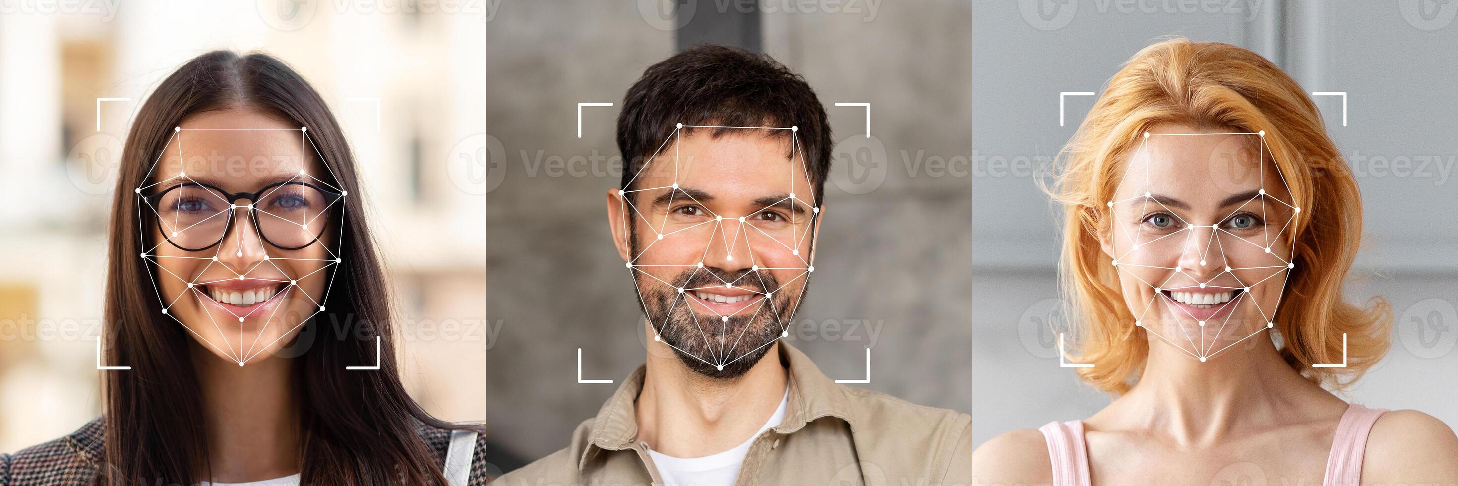 A collection of diverse individuals with facial recognition markers visible. Each person smiles, representing advancements in identification technology within a contemporary environment. photo