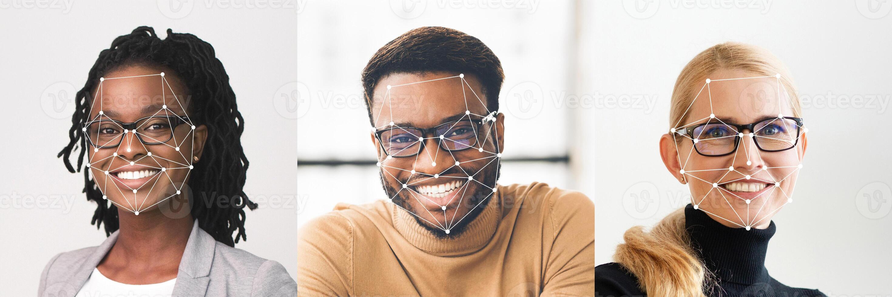A collage featuring diverse individuals with unique facial features displaying facial recognition technology markers. This collection highlights advancements in identification and recognition methods. photo