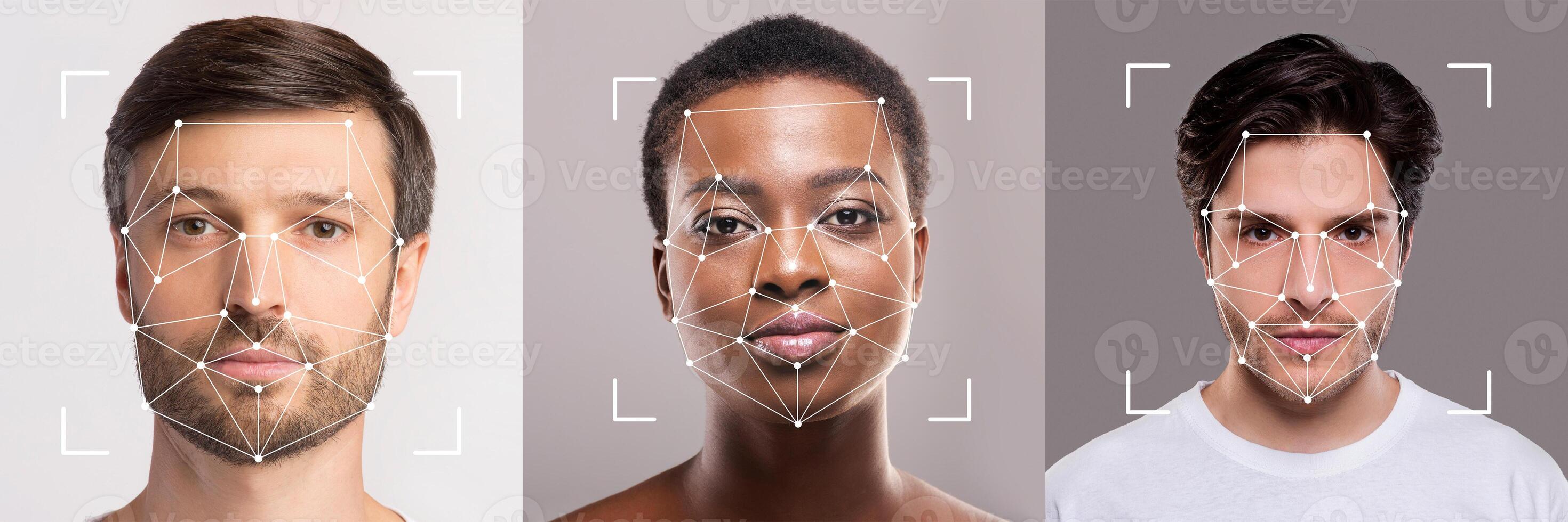 A collection of diverse faces showcases facial recognition technology. Individuals from various backgrounds display unique features through digital overlays emphasizing identification capabilities. photo