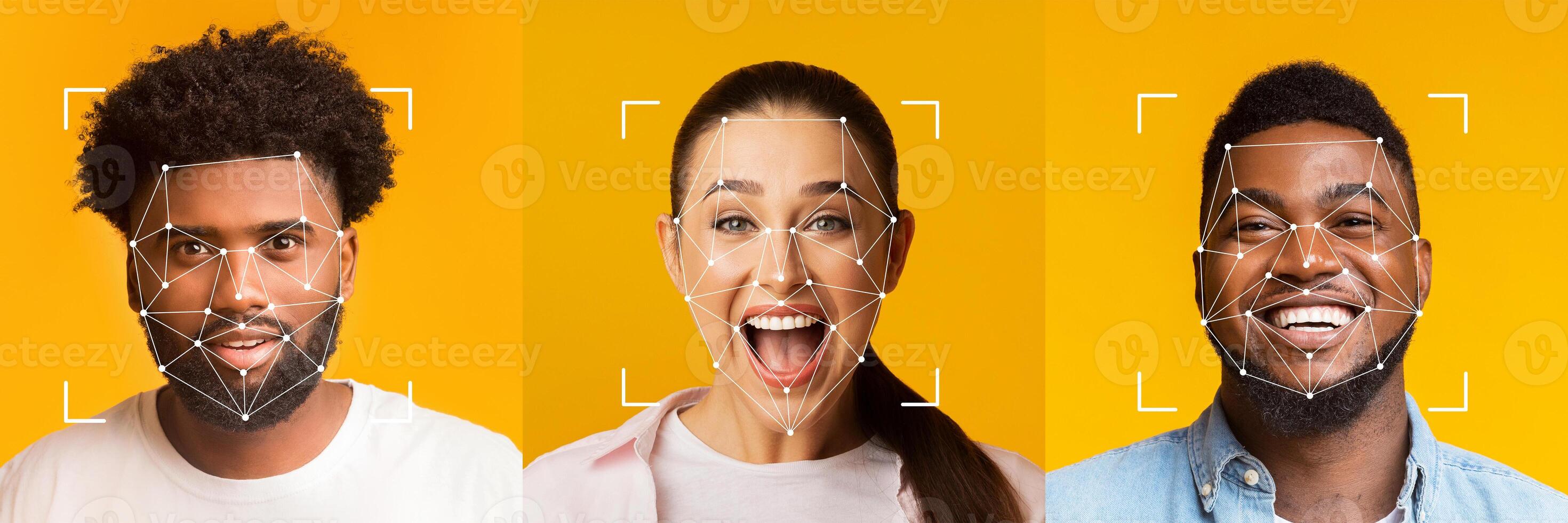 A vibrant collection of diverse faces highlights facial recognition technology through joyful expressions. The bright yellow background enhances the engaging and lively mood. photo