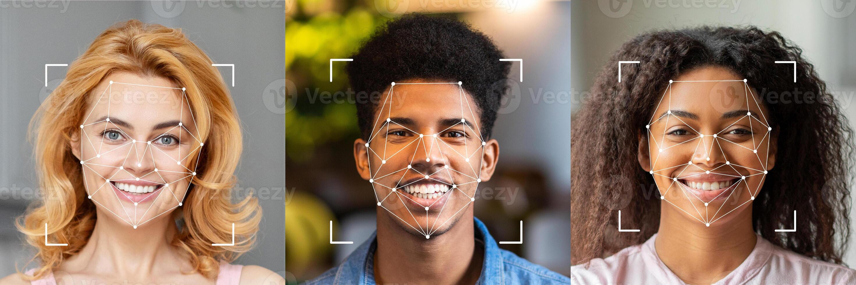 A collage features three diverse individuals with facial recognition overlays. They display neutral expressions, reflecting the impact of technology on identity verification in various environments. photo