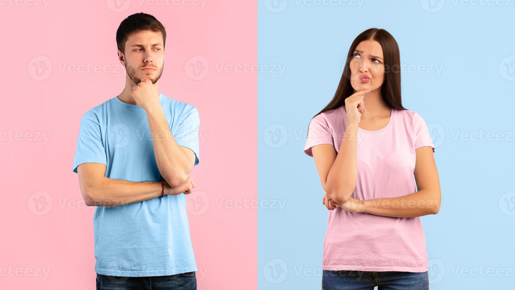 Brainstorming. Portrait of pensive displeased young couple thinking about question, touching chin and looking away, contemplating about something, standing isolated over yellow and blue background photo