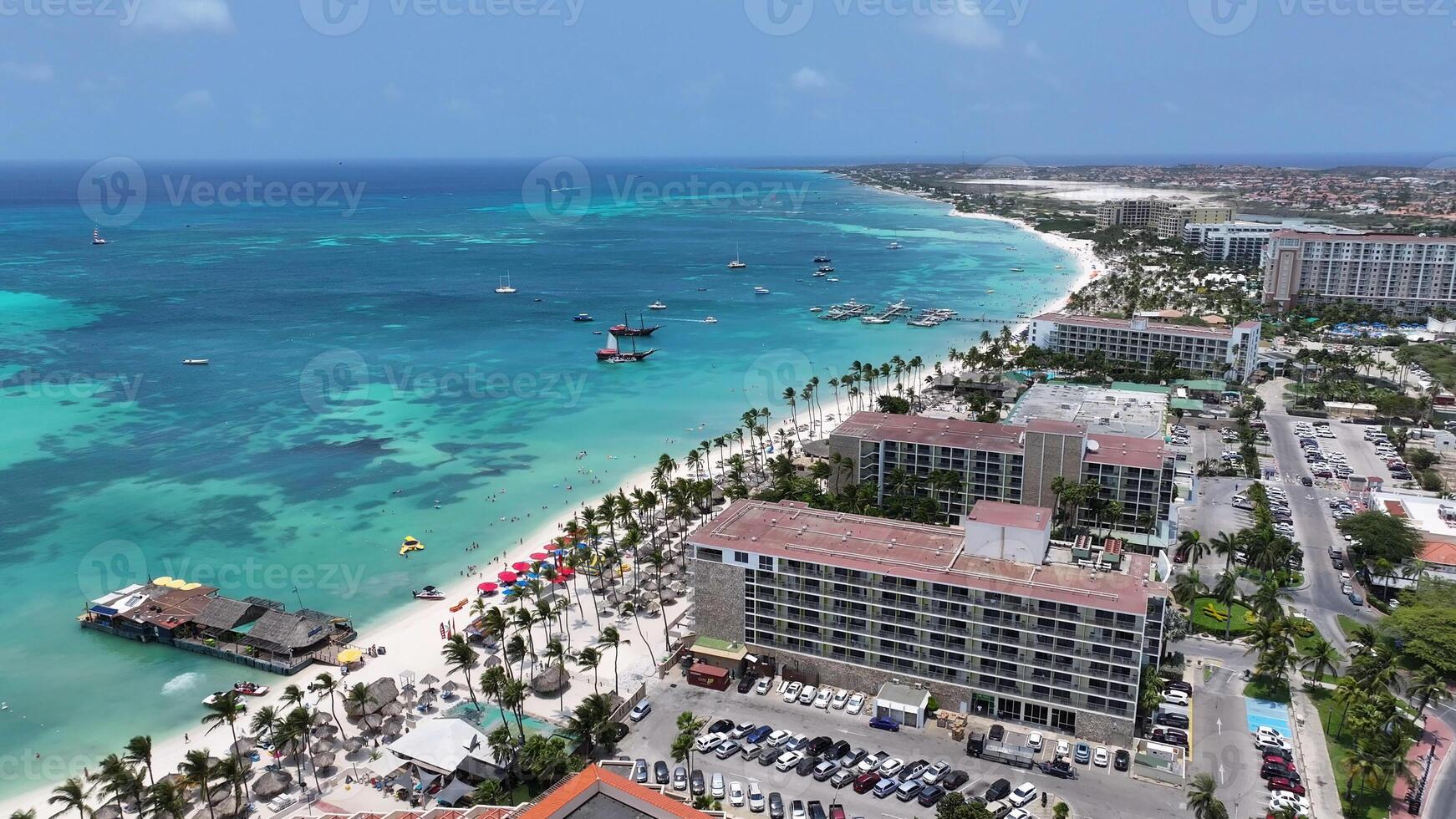 Above view of High Rise Hotels in Palm Beach Oranjestad in Aruba . Luxury Resort Water. photo