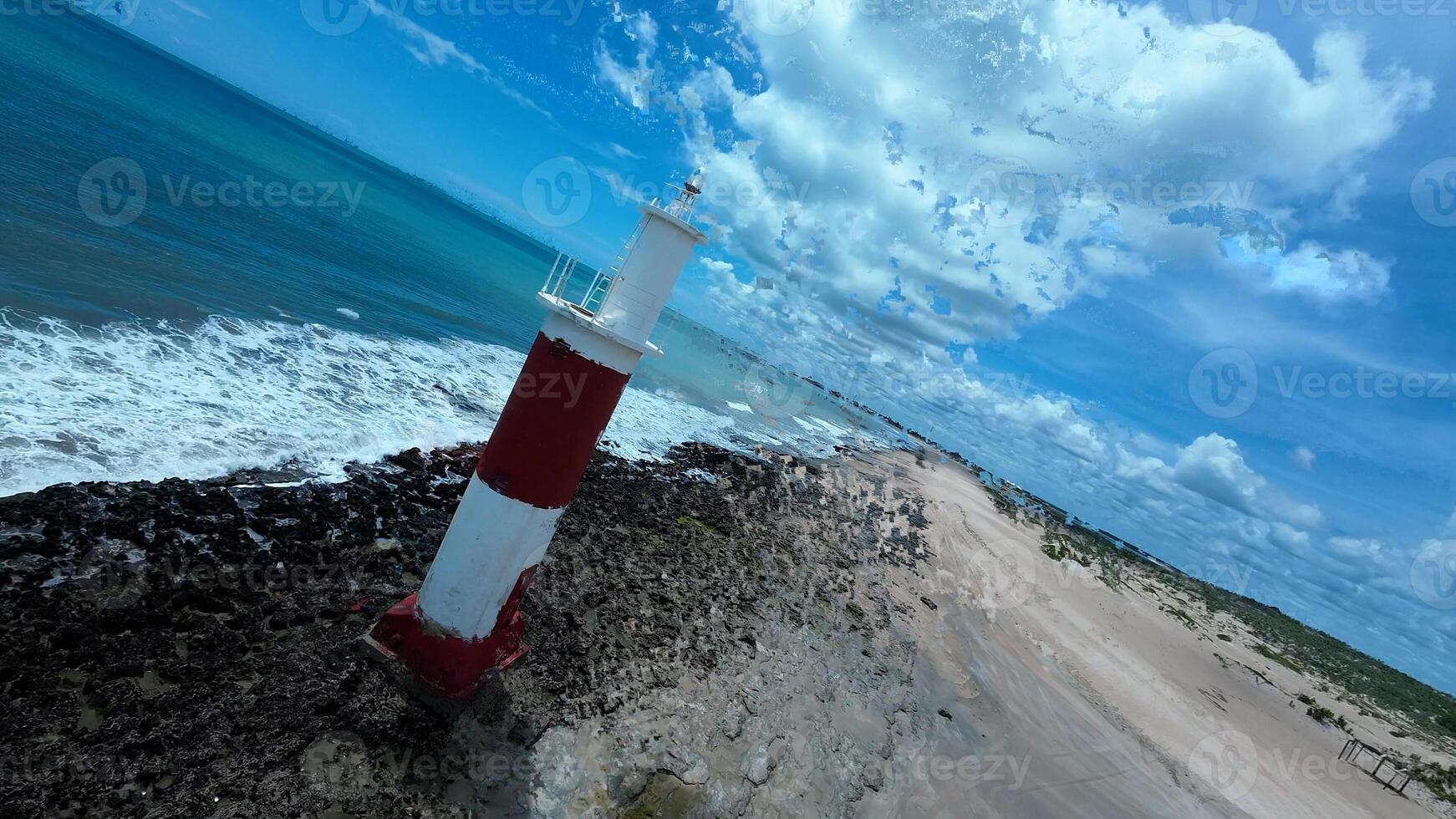 Aerial Coast Lighthouse in Galinhos Beach Rio Grande do Norte in Brazil. Mountain Destinations. photo