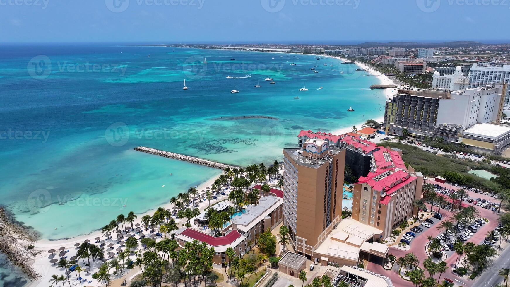 Above Palm Beach in Noord Oranjestad in Aruba. Idyllic Cinematic. photo