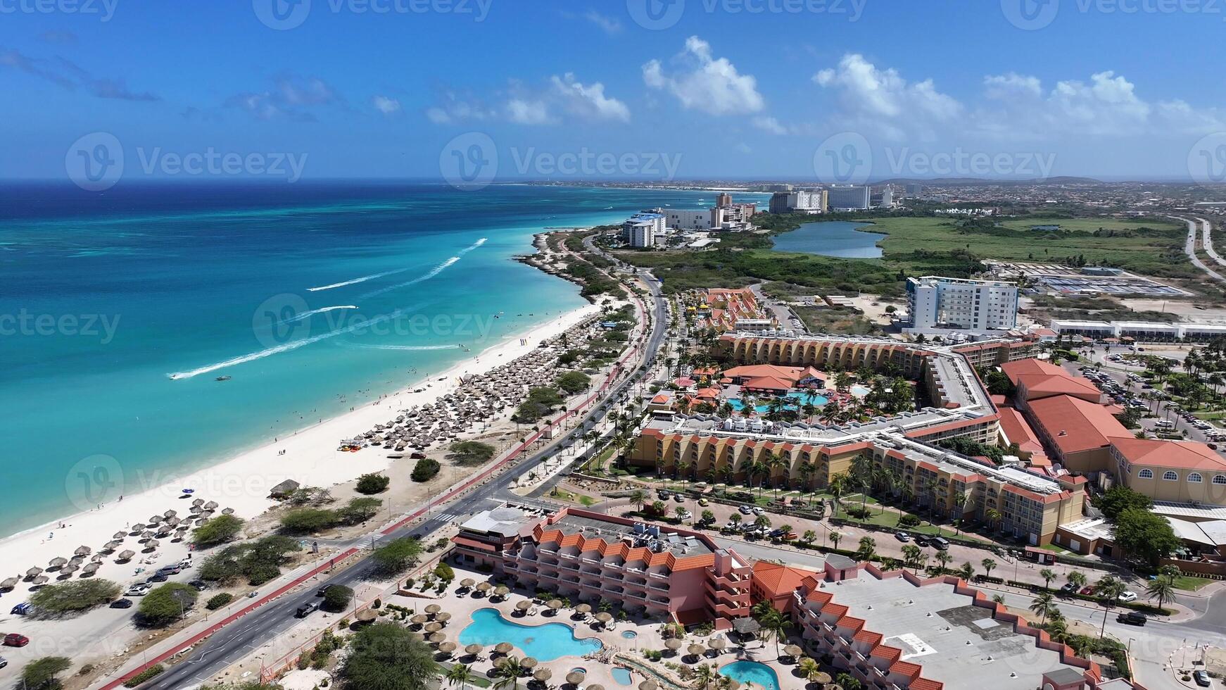 High Angle of Eagle Beach in Oranjestad Caribbean Netherlands Aruba. photo
