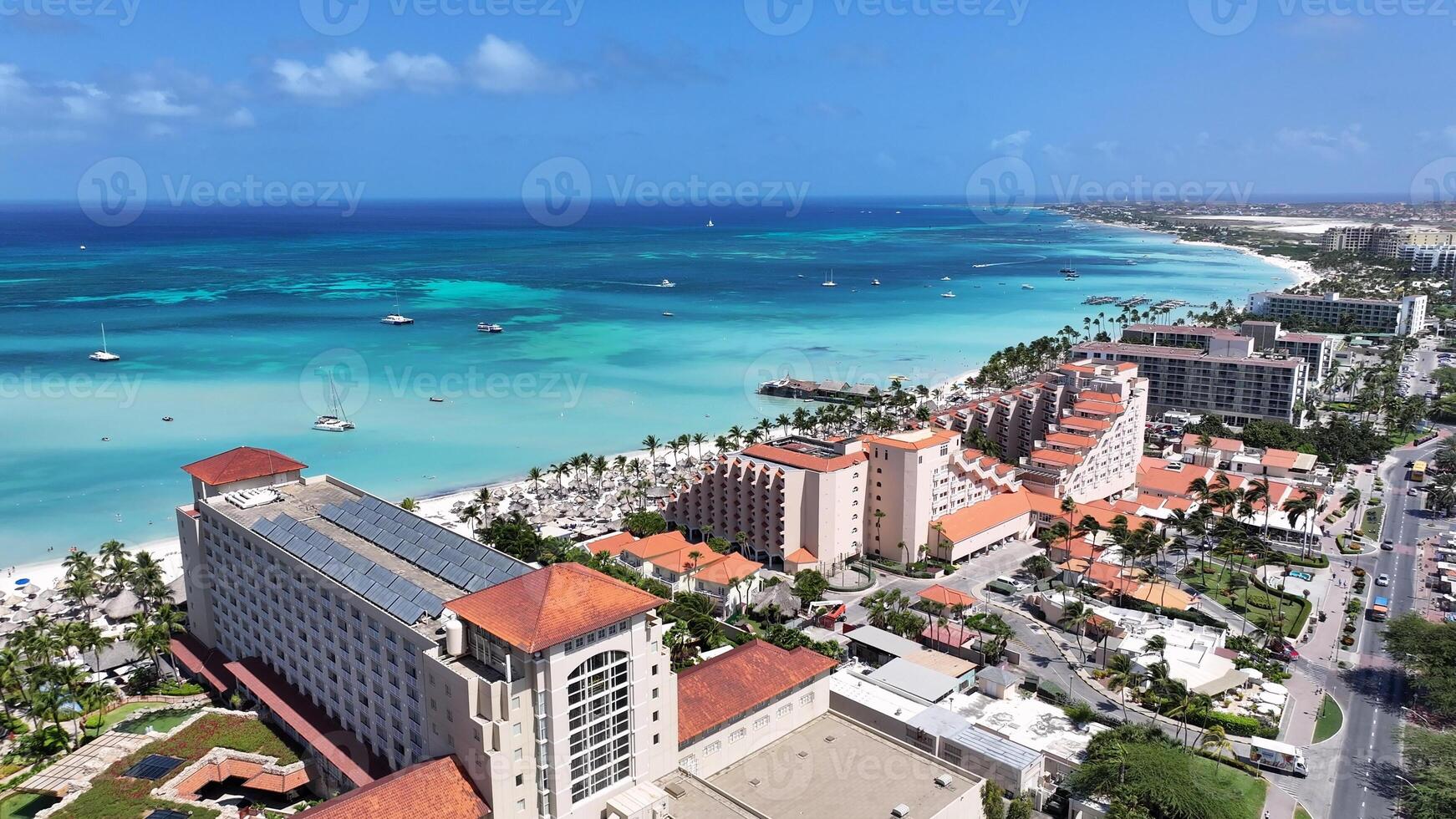 Incredible Palm Beach at Noord Oranjestad in Aruba. Sun Skyline. photo