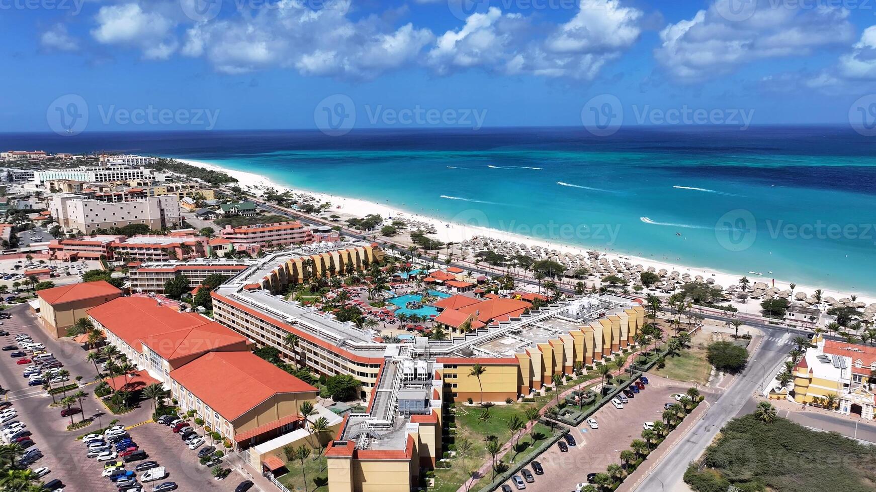 High Angle of Eagle Beach in Oranjestad Caribbean Netherlands in Aruba . Town Sports. photo