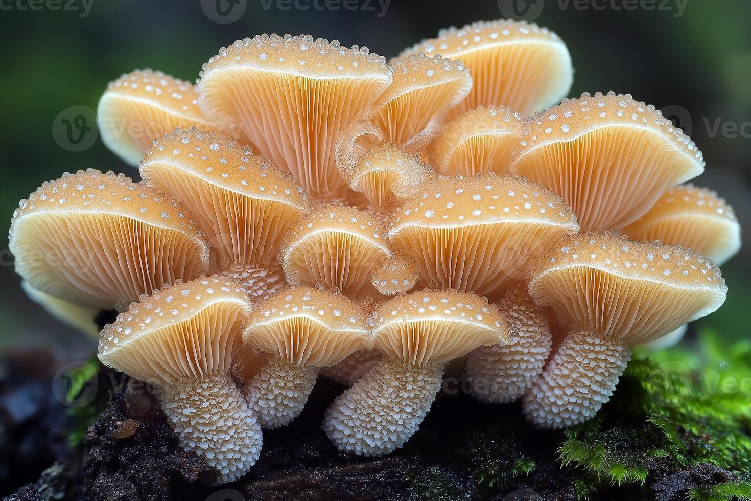 Close-up of mushrooms growing naturally, their earthy tones highlighted by soft light photo