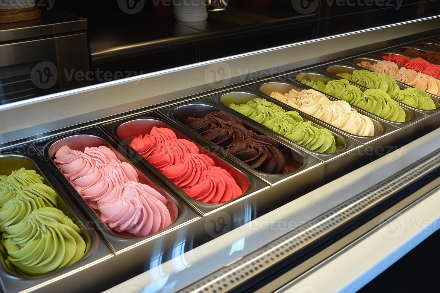Vibrant Gelato Fridge Display Colorful Flavors in a Cozy Gelateria photo