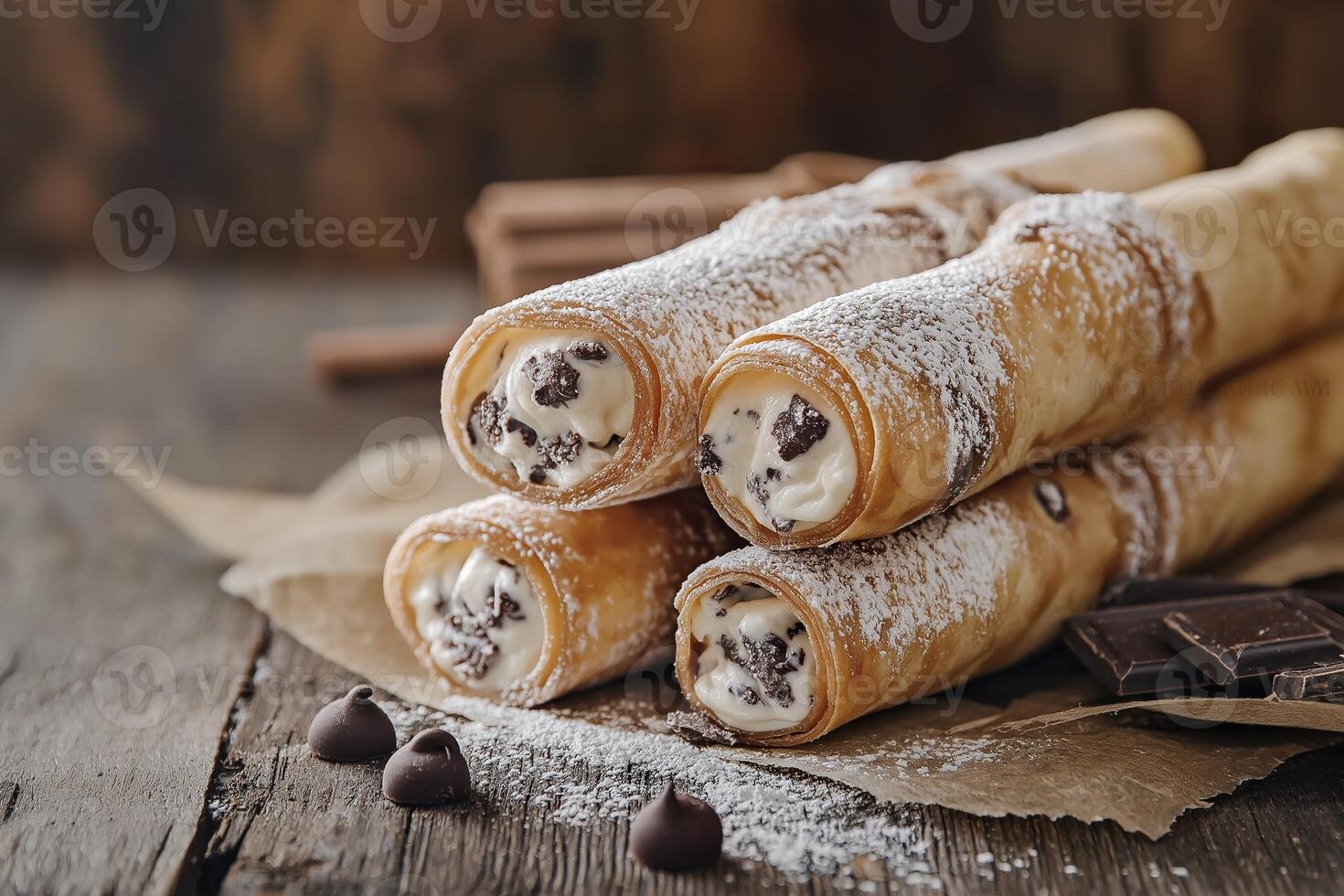 Four Crispy Cannoli with Sweet Ricotta Filling and Chocolate Chips photo