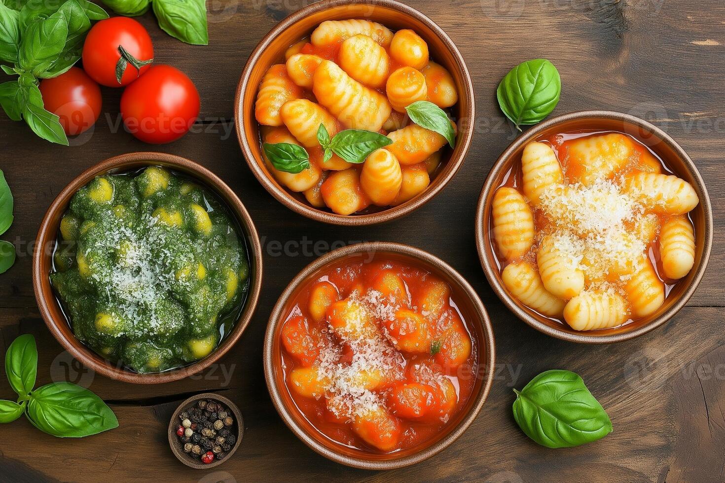 Assorted Gnocchi Bowls with Different Sauces on Rustic Table Flat Lay photo