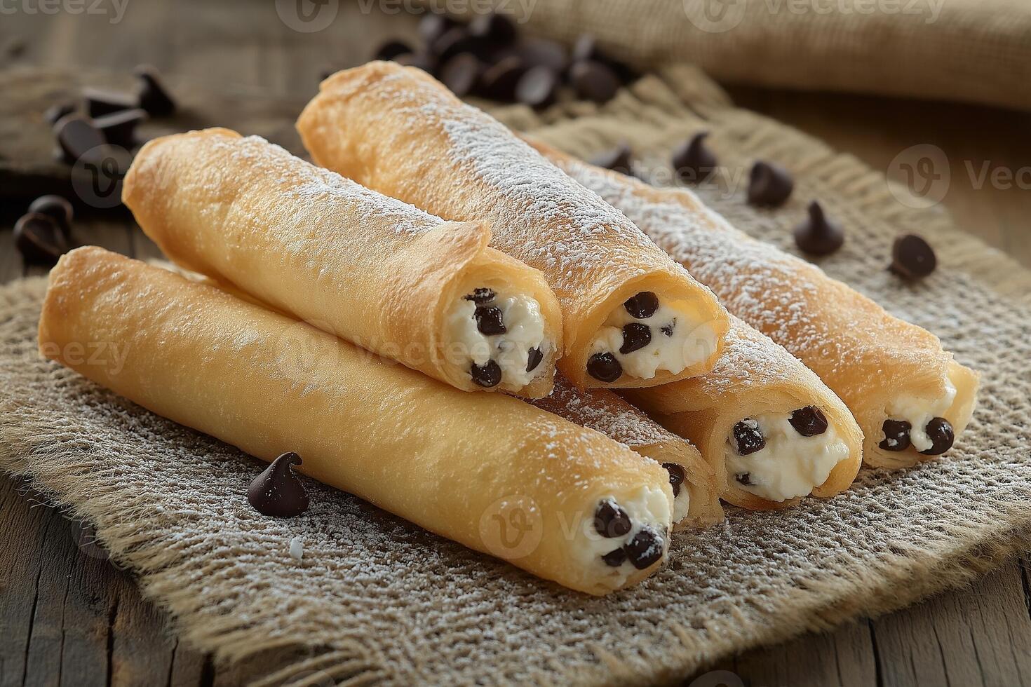 Five Crispy Cannoli with Sweet Ricotta Filling and Chocolate Chips photo