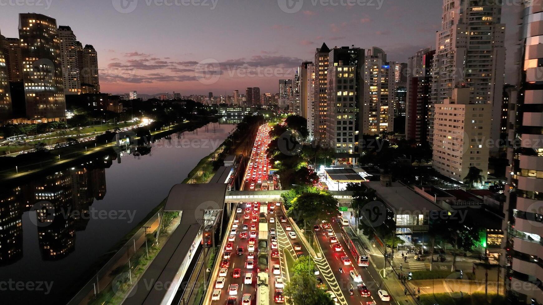 Amazing Freeway Traffic in City Sunset Sao Paulo in Brazil . Colored Downtown. photo