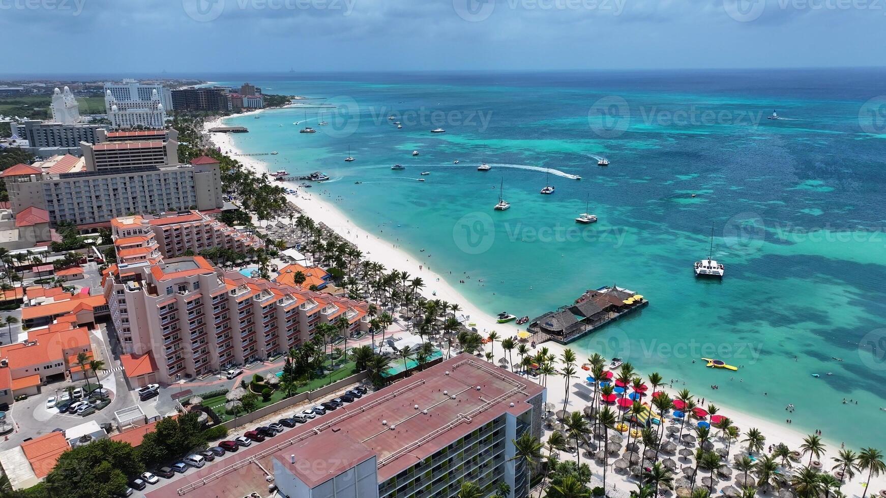 Exterior Palm Beach at Oranjestad in Caribbean Netherlands Aruba. Cityscape Scene. photo