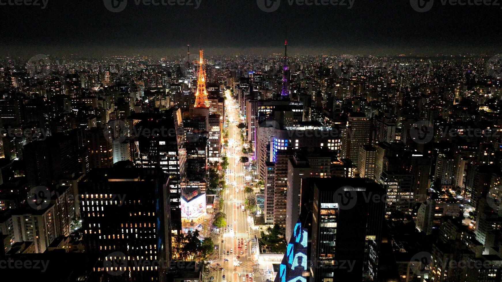 Above Paulista Avenue in Downtown City Sao Paulo in Brazil. Night Life Cityscape. photo