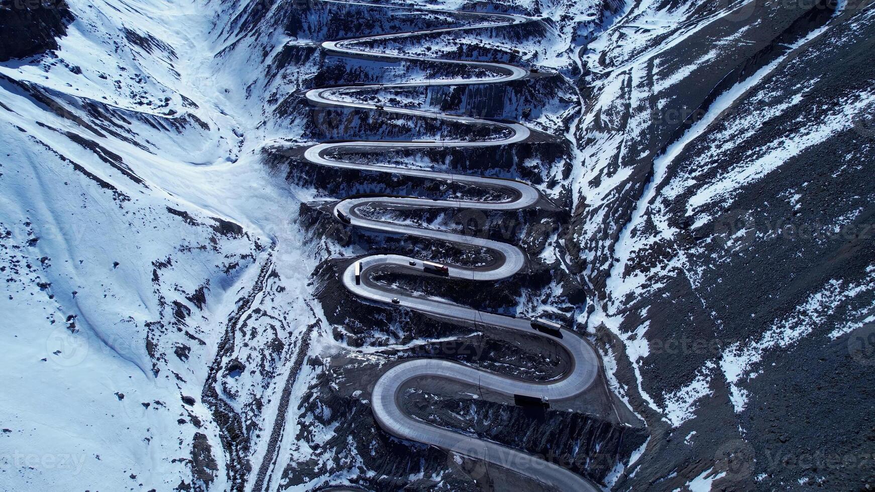 Aerial Landscape of Curves Road Scenery in Andes Mountains Santiago Chile.. Los Libertadores Highway Road. photo