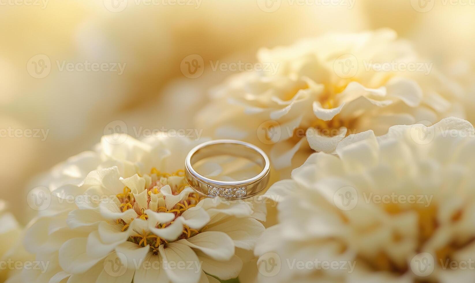 A wedding ring is on top of a flower photo