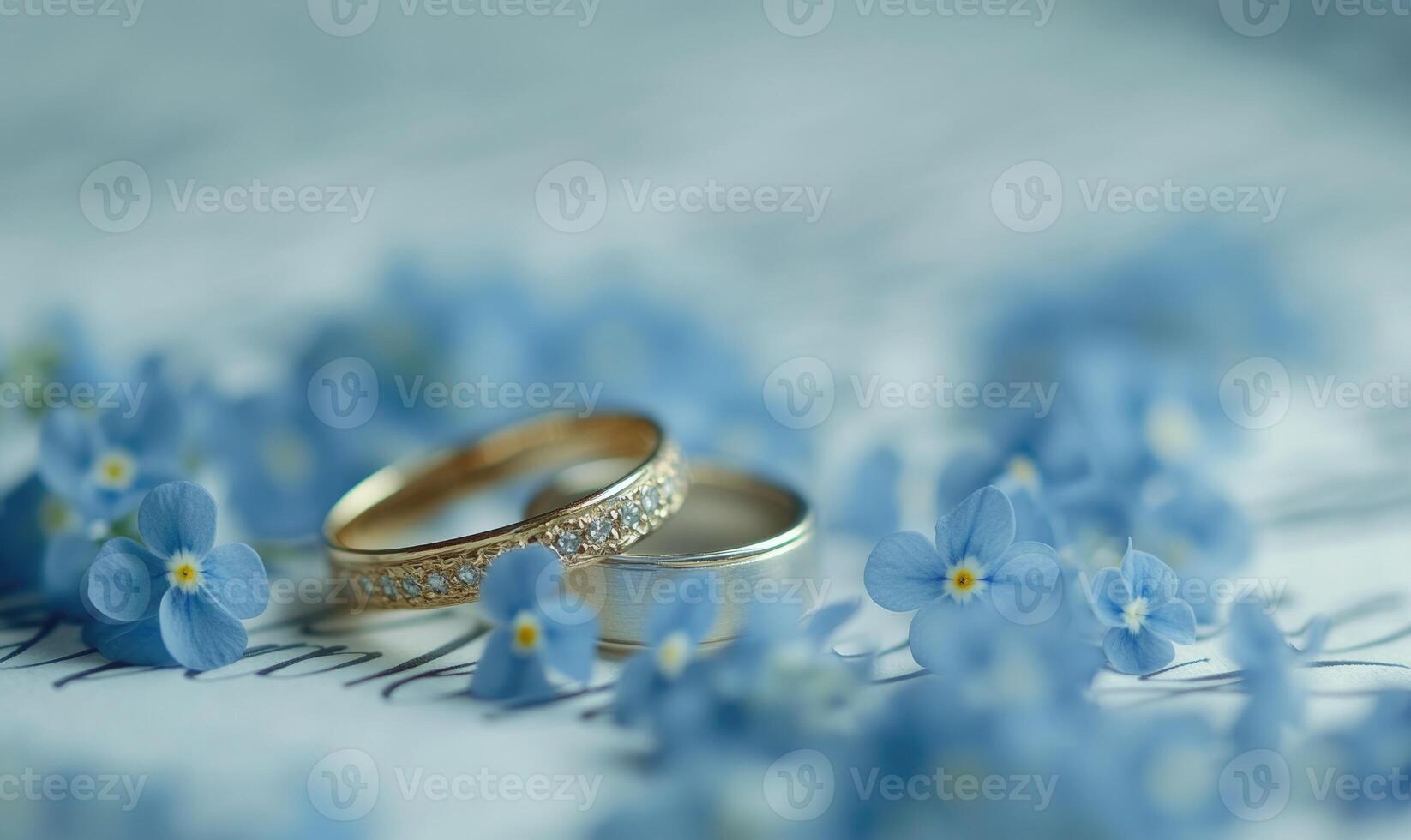 Two gold wedding rings are on top of a blue flower petal photo