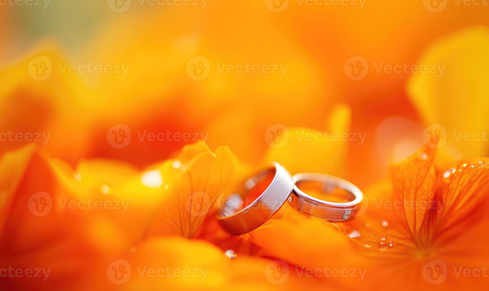 Two wedding rings are on top of a bed of orange flowers photo