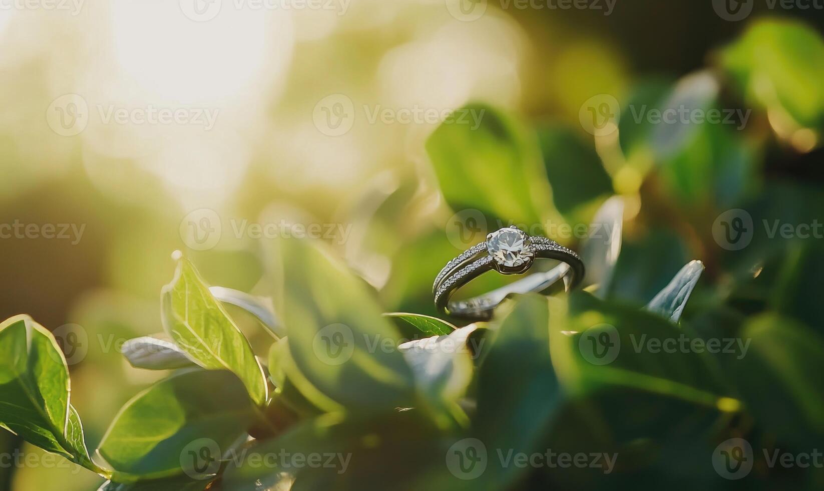 A diamond ring is sitting on a leaf photo