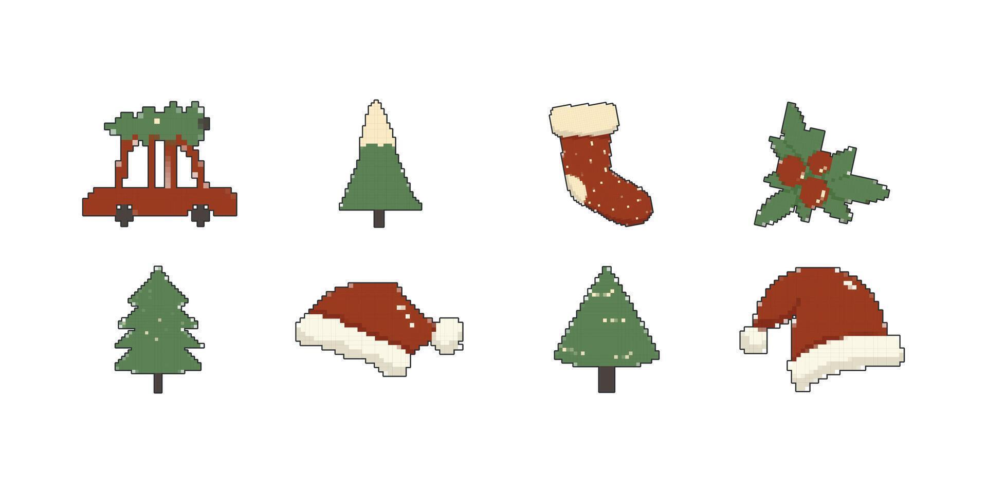 Pixel Christmas set of Santa Claus hat, fir tree, car,berries.Design elements isolated on white background.Game development,mobile app.Happy New Year collection in retro game style. vector
