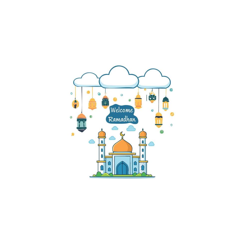Welcome Ramadan with Mosque, Cloud and Lantern Element. vector