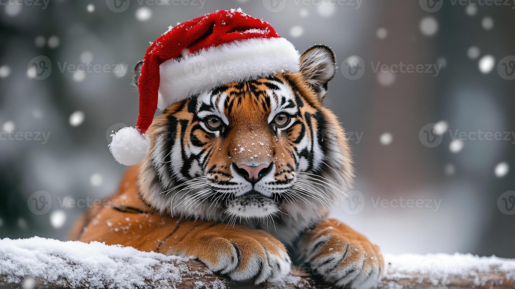 Christmas tiger in a Winter forest photo