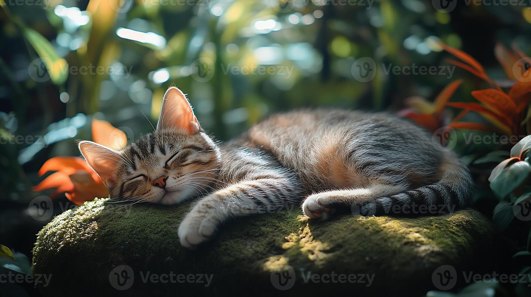 Cat resting on a rock photo