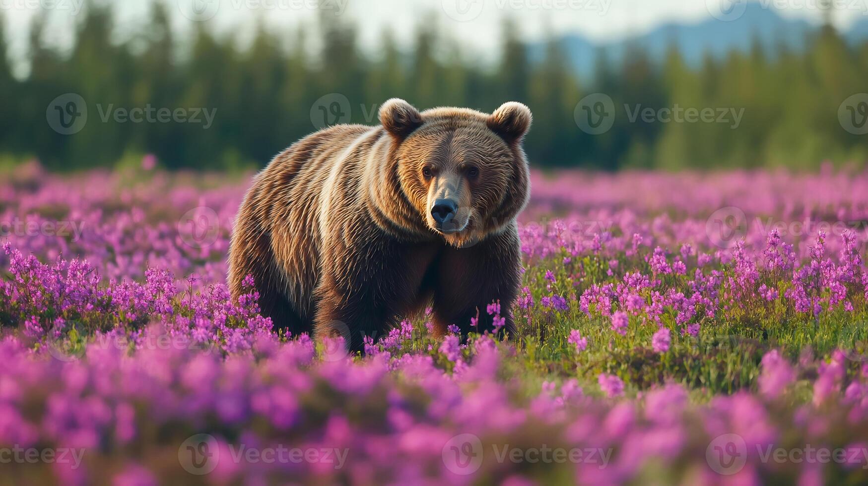Majestic Brown Bear Strolling Through a Flowered Meadow photo