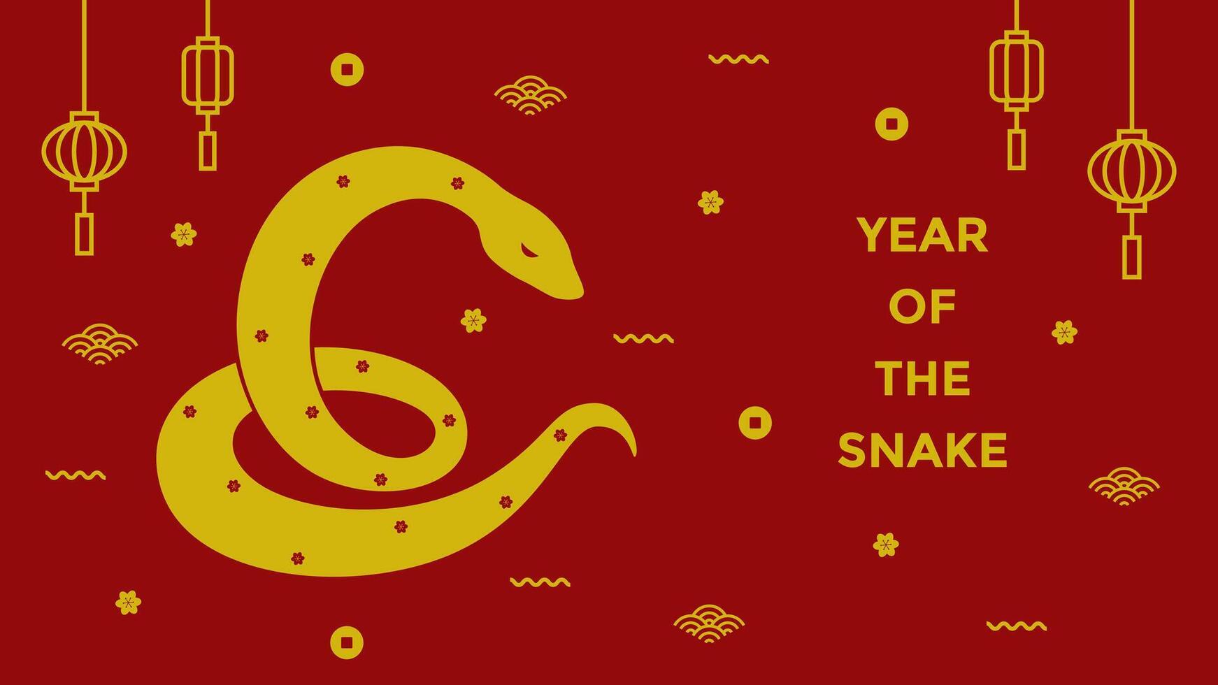 2025 Chinese New Year greeting illustration with hanging traditional Chinese lantern and yellow snake on red background vector