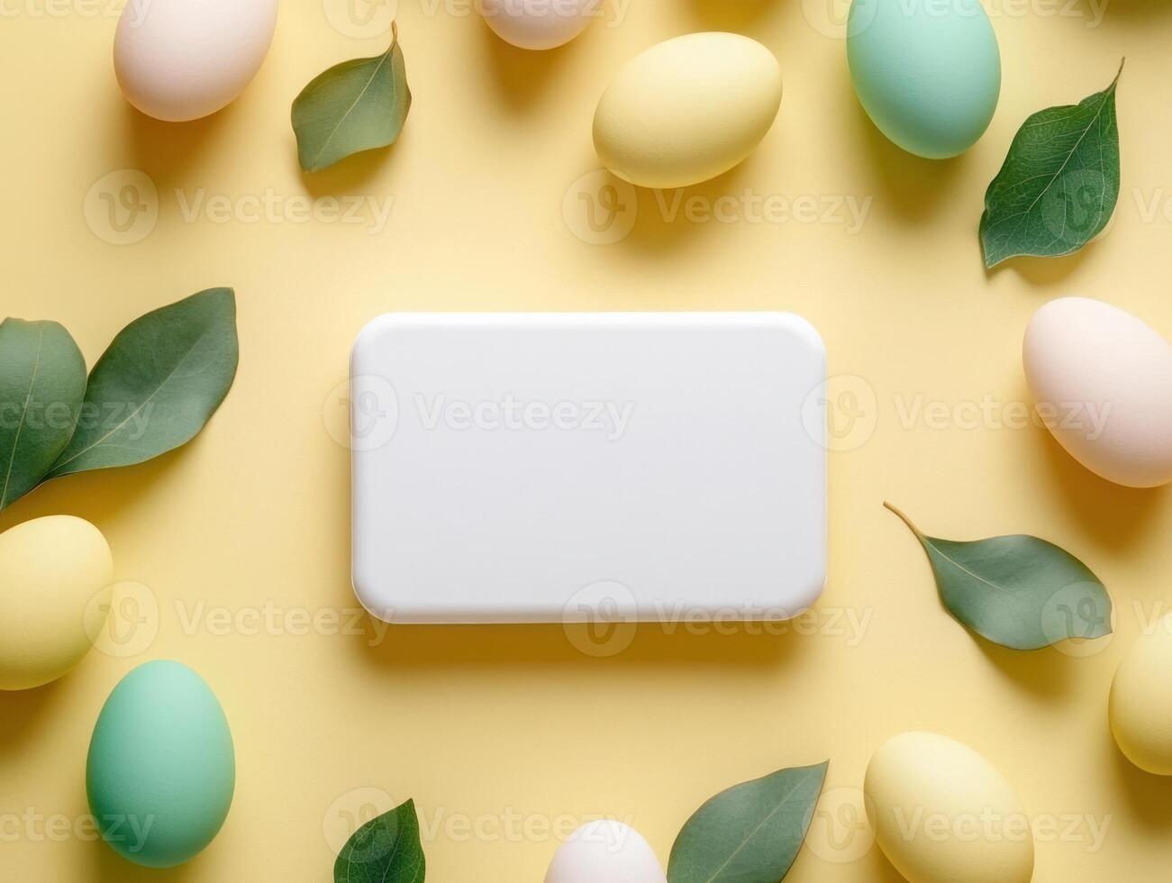 Minimalist Easter layout with colorful eggs and leaves for holiday decor photo