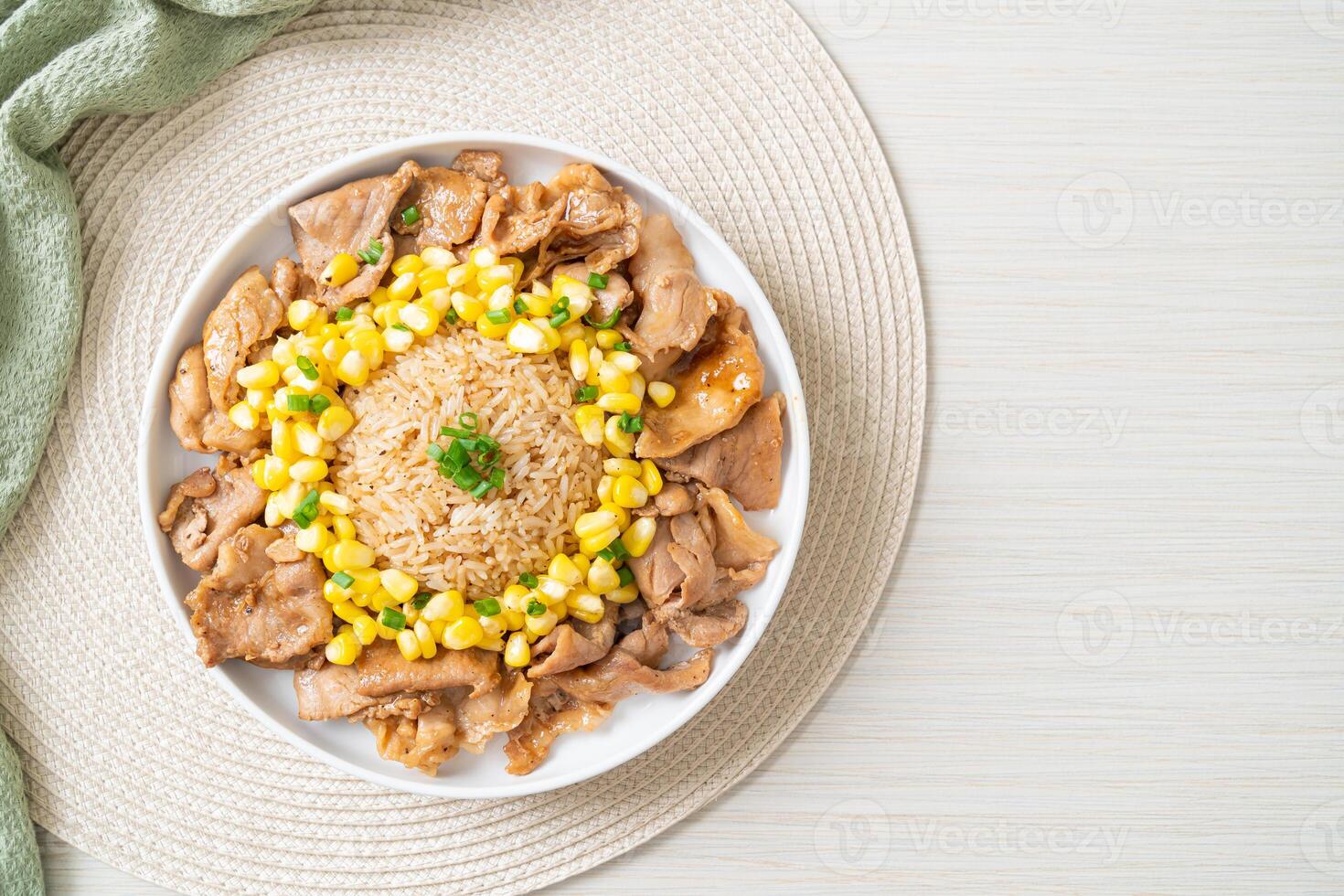 fried rice with pork sliced and corn photo