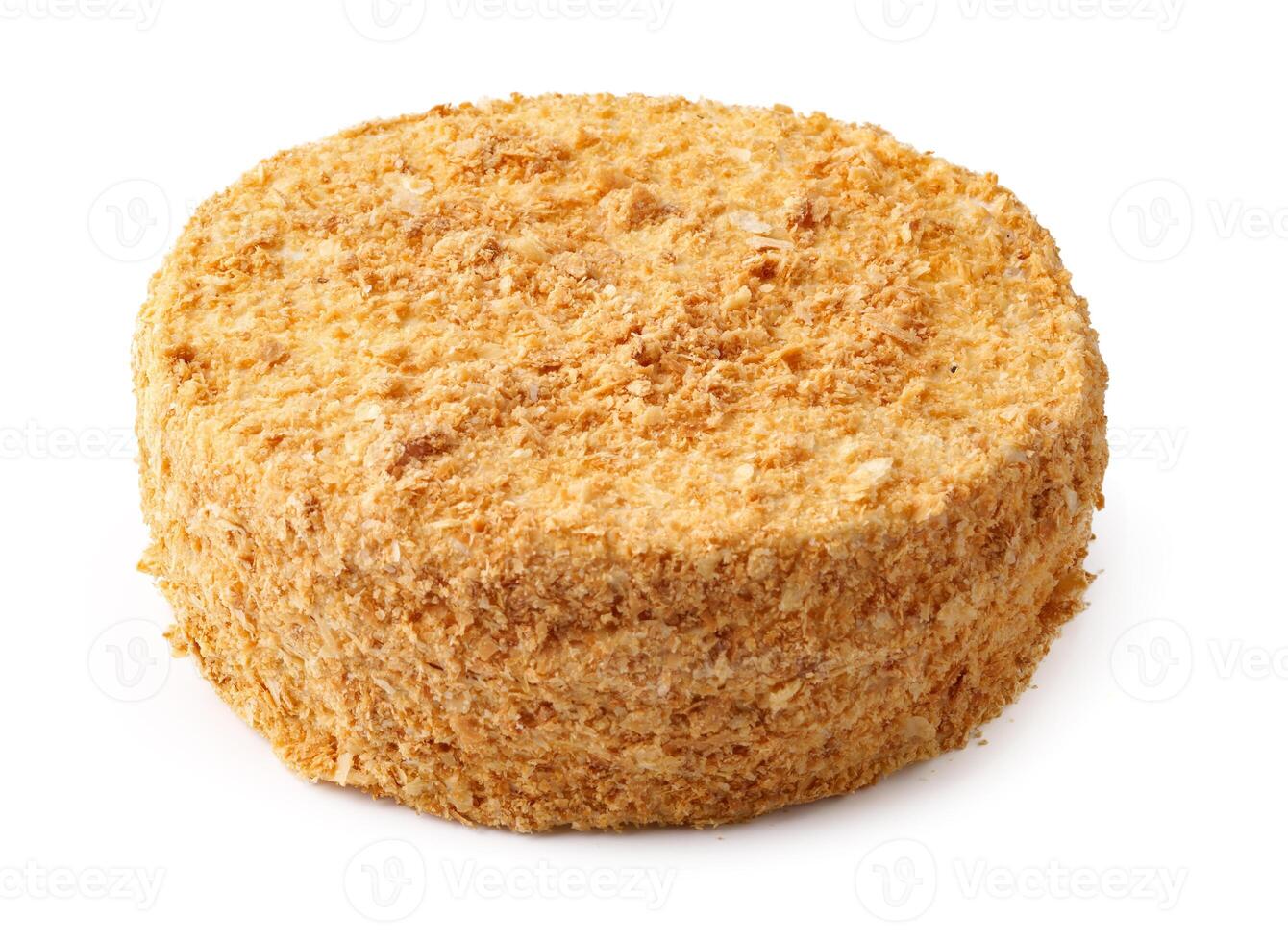 Savory round cheese wheel coated in crunchy crumbs set against a plain white background photo
