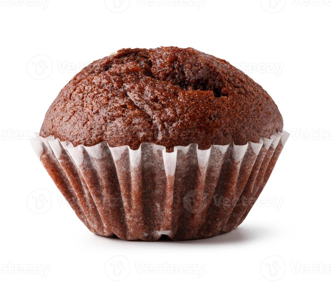 Chocolate cupcake with a moist texture in a paper wrapper on a clean background photo