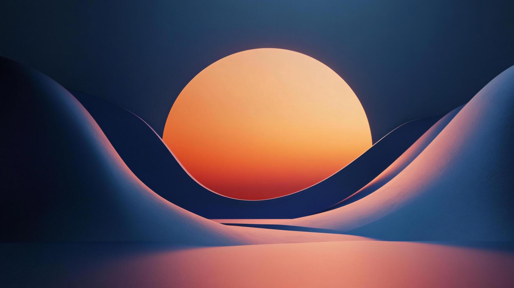 Minimalist 3d illustration featuring a glowing sphere emerging over smooth, undulating hills, creating a serene yet otherworldly scene photo