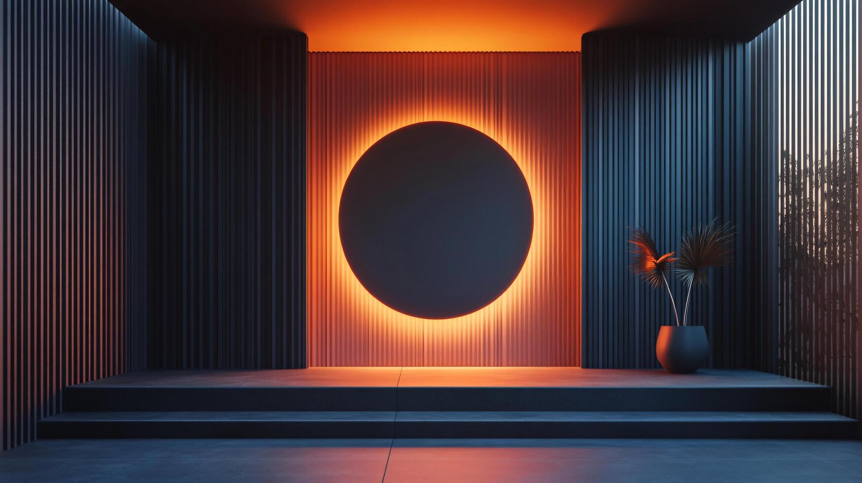 Orange neon light glowing behind circle shape on modern wood panel wall with plant and steps in empty room photo