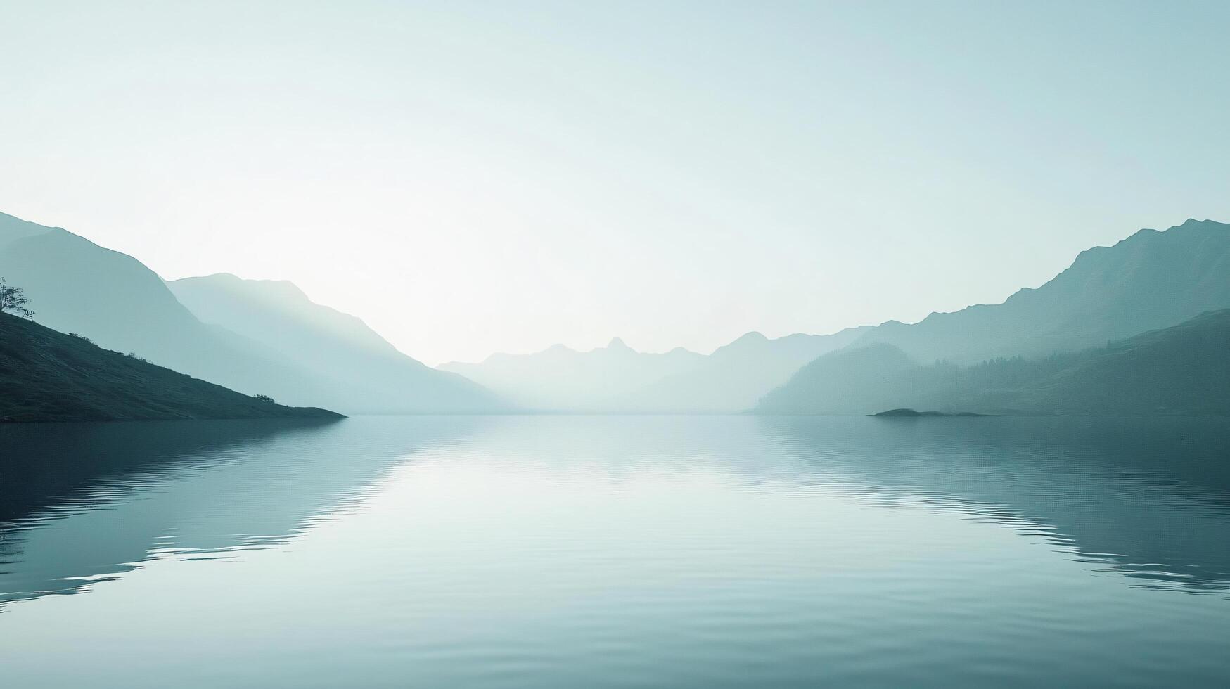 Tranquil turquoise lake reflecting misty mountains at sunrise, creating a serene and peaceful atmosphere photo